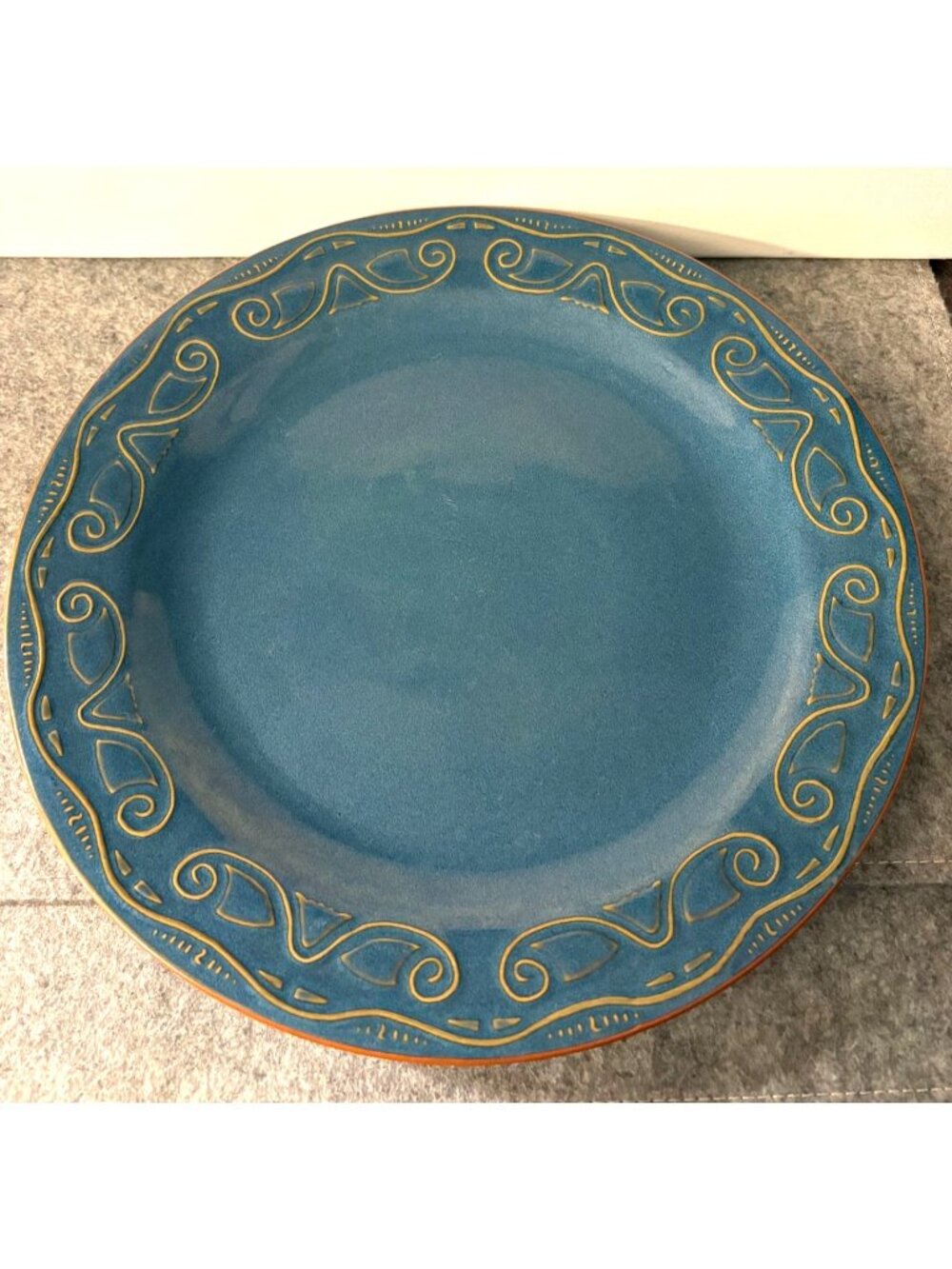 Pier 1 13" Tunisia Blue Stoneware Plate/Platter with Gold Scrolling on Edge  # 3